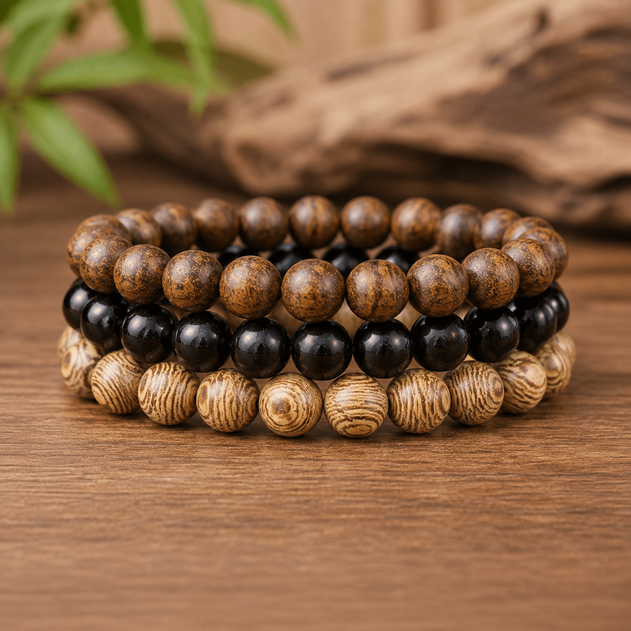 TEMU 3-delige Armbandenset van Gemengd Materiaal, 8mm Tijgerhuid Sandelhout, Kippenvleugel Hout, Obsidiaan Kralen, Minimalistische Boheemse Stijl,