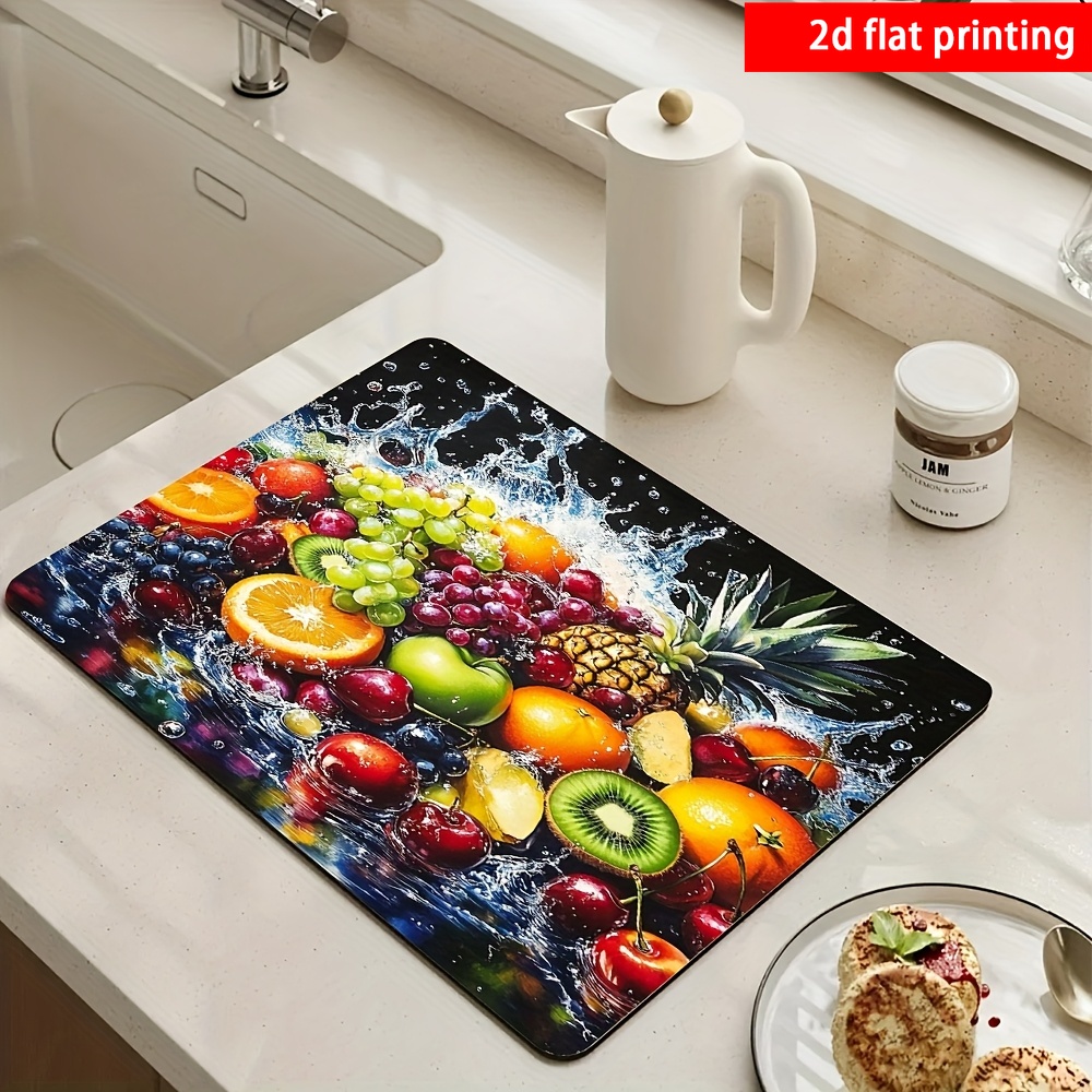 TEMU 2d Flat Printing, 1pc, Fruit-themed Printed Absorbent Placemat, Tableware Drying Mat, Non-slip Rubber Base, Suitable For Coffee Bars, Sinks, And