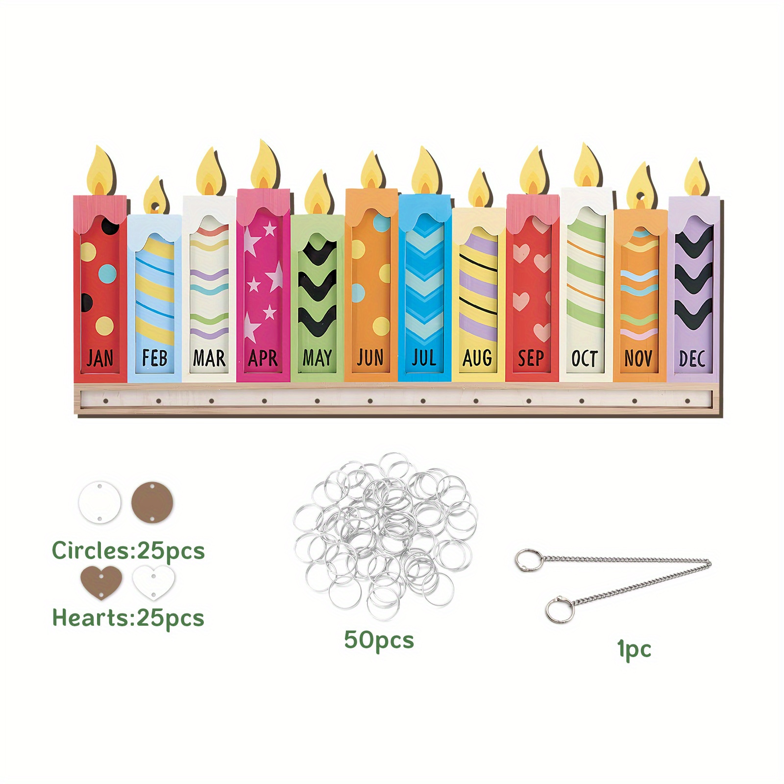 TEMU 1pc Birthday Calendar Wall Hanging Board With Candle-shaped Cutouts - Colorful Monthly Trackers, Numbered Days & Heart Cutouts - Artificial Wood