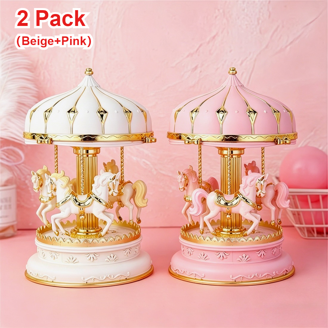 TEMU Nuobesty 2pcs European Music Box Set - Hand-wound Mechanical Mini Suitable For Weddings, Birthdays, Decor With Abs Material, Beige/pink Rotating