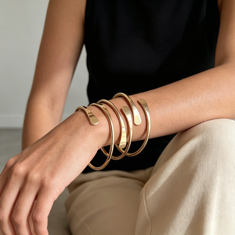 6pcs 14K Plated Stackable Open Cuff Bangle Bracelet Set