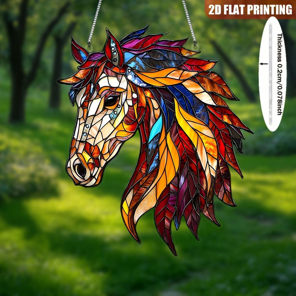Image of 2d Flat Printing, Dyed Horse Head Light Catcher - Perfect For Porch, Garden, Office - Ideal Gift For , New Year Housewarming Birthday, Window Decoration, Equestrian Enthusiasts, Small Statue Ornament