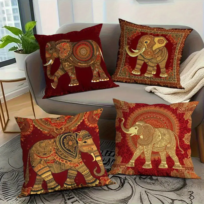 4pcs indian floral elephant pattern pillowcase soft fashion decorative outdoor living room sofa cushion cover suitable for bedroom home party decoration without filling machine washable 14x14 16x16 18x18 20x20inch Product details 1