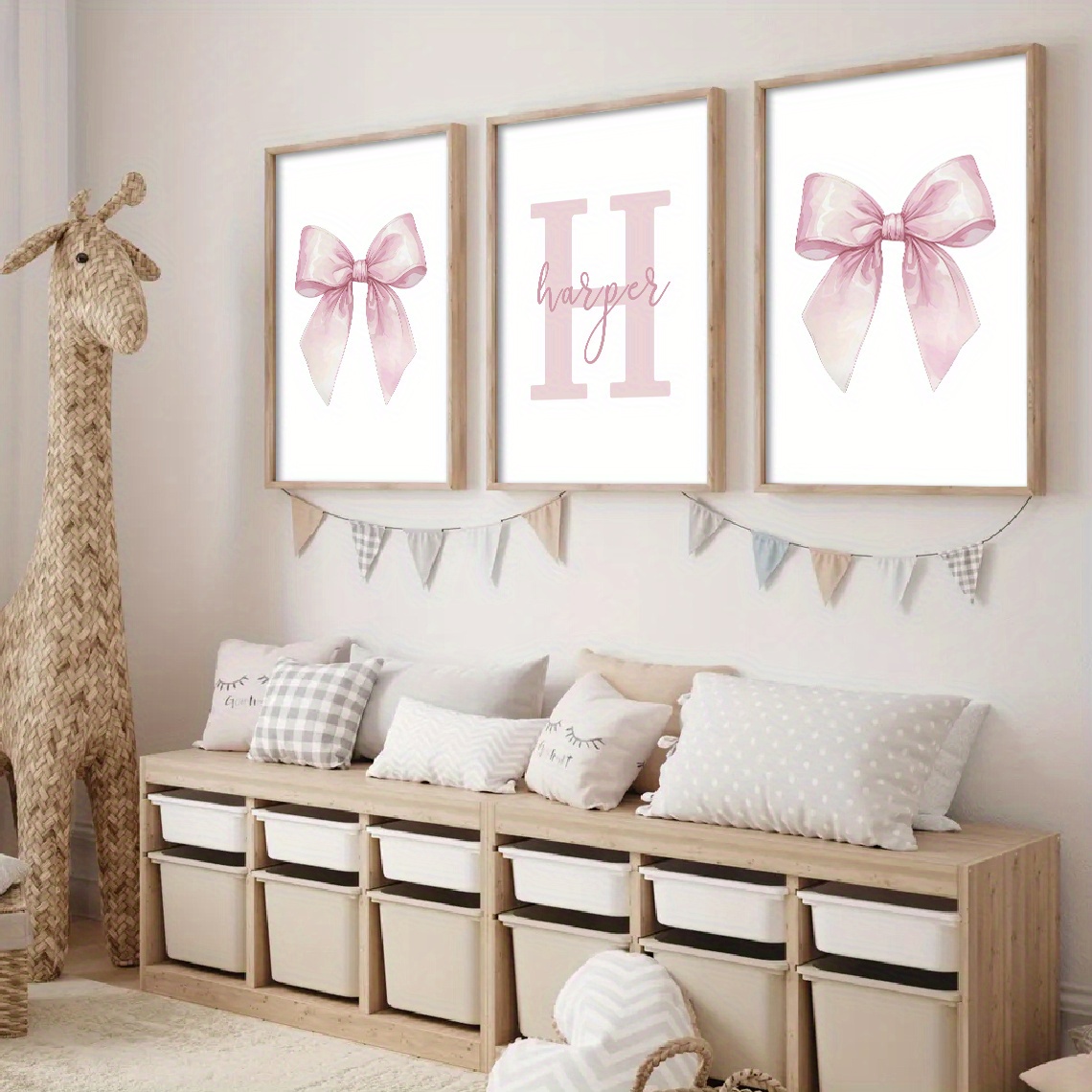 TEMU Ensemble de 3, Art Mural Personnalisé avec en Toile à Nœud Rose Tendance sur Mesure, Œuvre Décorative pour Salon Chambres Salle À manger Cadeau