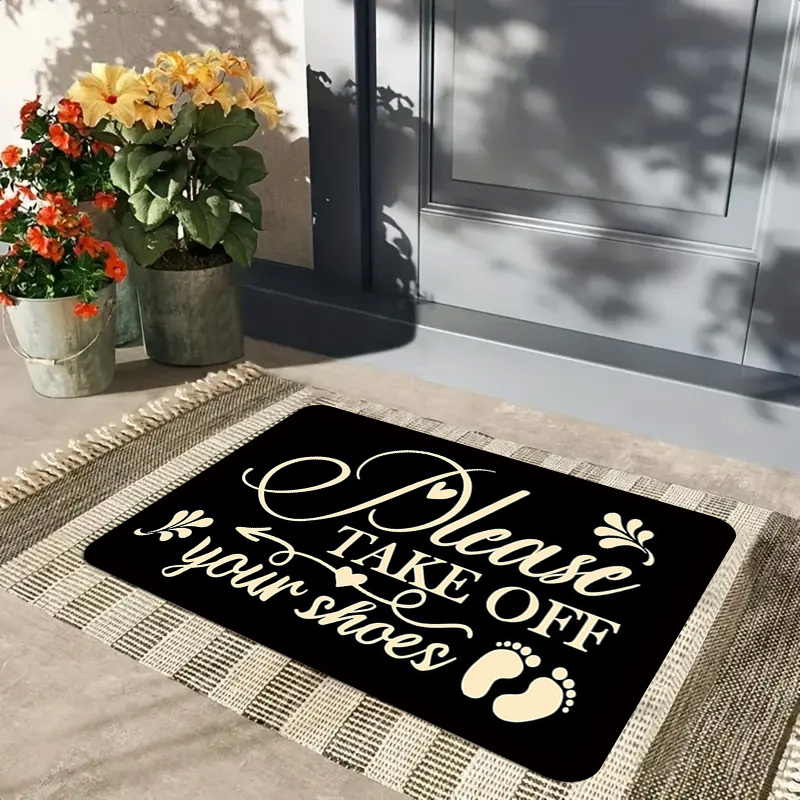 TEMU 1pc Elegant Hand-painted "please Your Shoes" Doormat Suitable For Entrances, , Foyers - Thick Flannel With Sponge Cushioning, Machine Washable