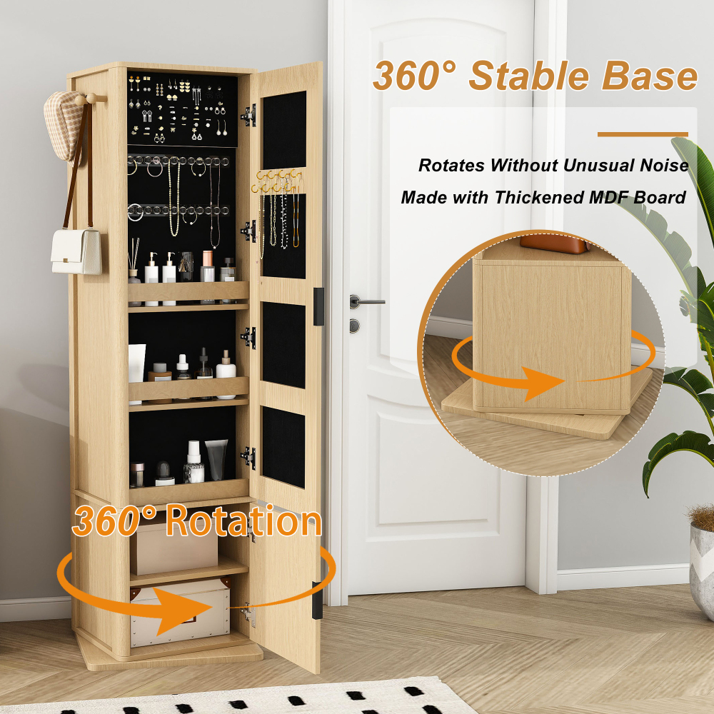 360 ° Rotating Makeup Cabinet, * Storage Cabinet with Full-Length * Jewelry Cabinet, Vertical Storage Cabinet with Hangers, 4-Layer Open Shel