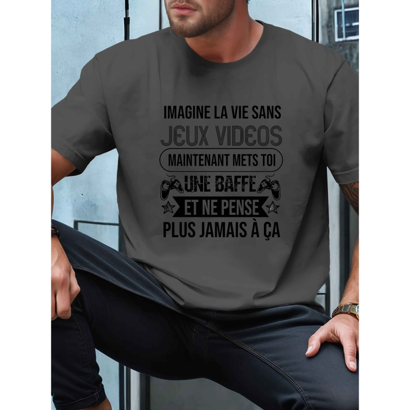 

T-Shirt Décontracté pour Homme à Manches Courtes d'Inspiration Française - Polyester Respirant, Imprimé Géométrique, Col Rond - pour l'Été