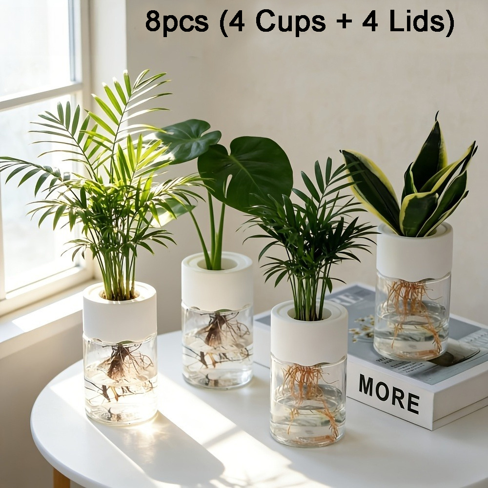 TEMU 8pcs (4 Cups + 4 Lids) Modern Hydroponic Flower Pots Suitable For Indoor/outdoor Use, Lightweight Plastic Soilless Plant Growers With Lids,