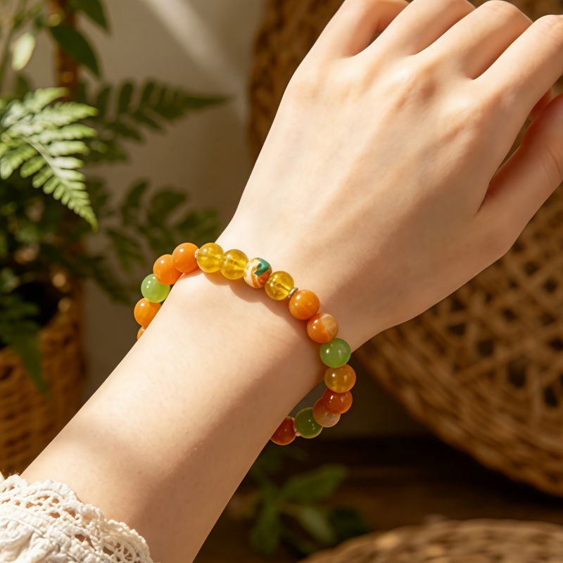 Unisex Vibrant Bead Bracelet, Warm Orange & Green Agate