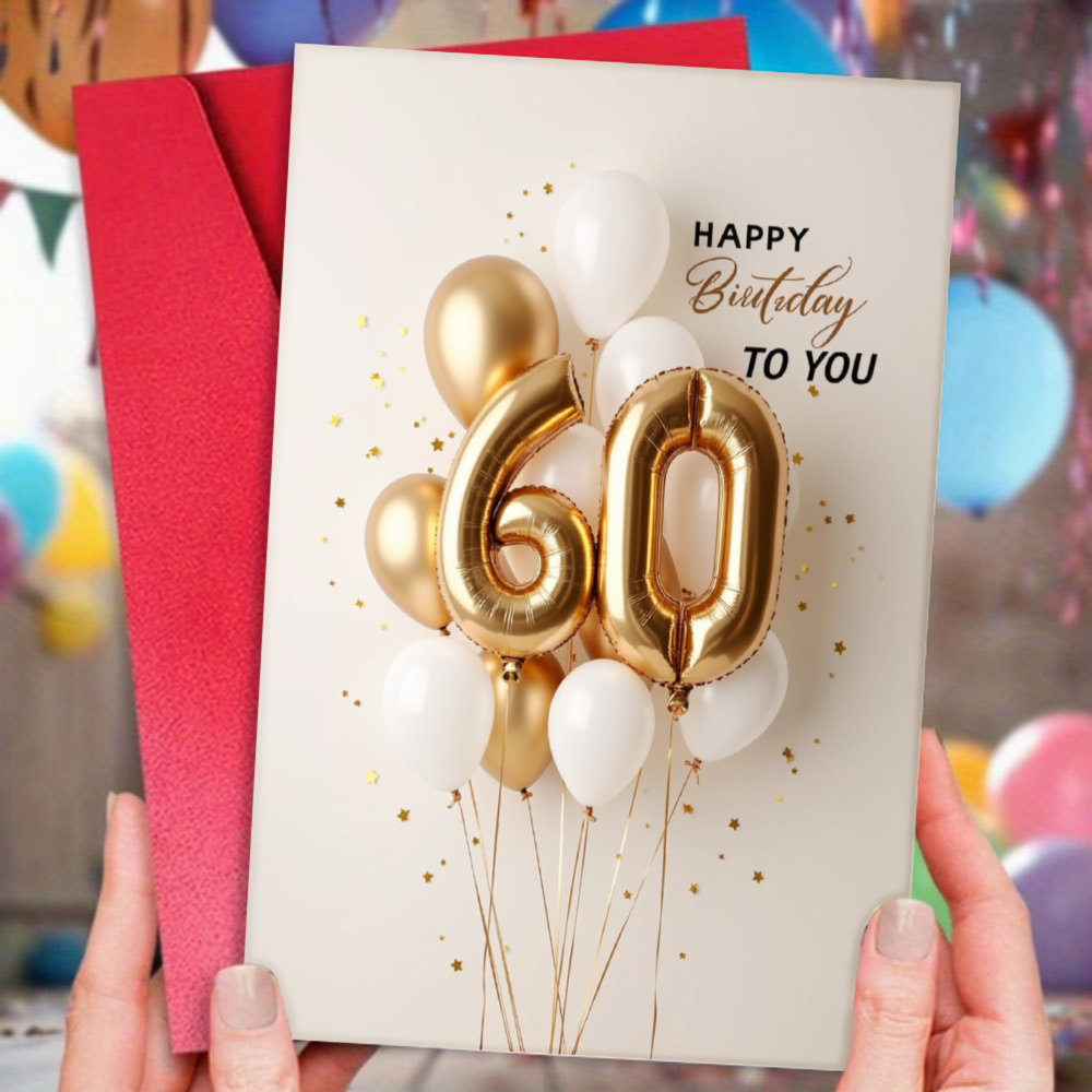 1pc With Envelope 60th Birthday Card Golden And White Balloons Design Happy Birthday To You Greeting Card For 60th Birthday Celebration Party Invitation