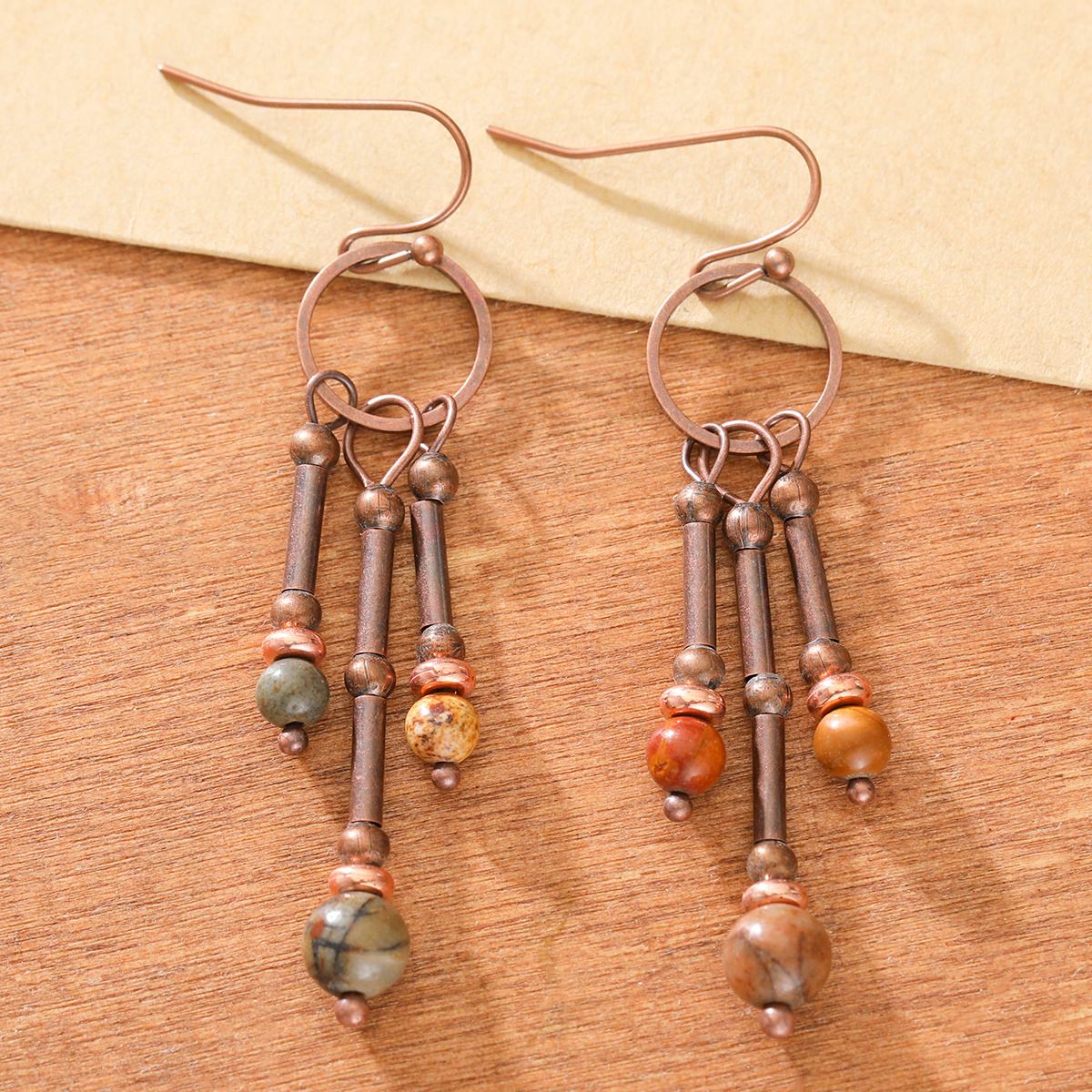 Image of Vintage-style Hoop Earrings Featuring A Natural Synthetic Turquoise Bead Tassel Design, A Unique And Style For Everyday Fashionable Women's Jewelry