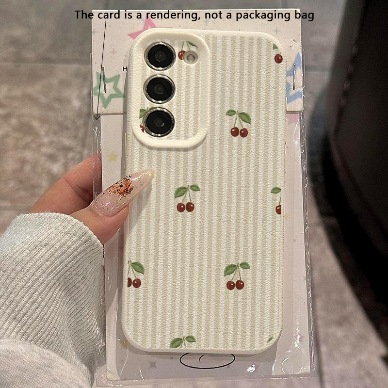 TEMU Phone Case - Light Brown Striped And Cherry Vintage Pattern Phone Case For Galaxy S23, S22/s24/a32/a35/a55/a71/a72/s23 Ultra/s24 Ultra, Durable,