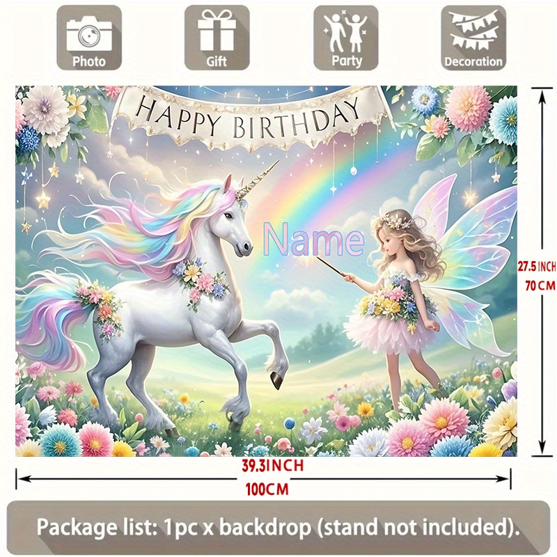 [party Banner] 1pc Customized Magical Unicorn And Fairy Rainbow Flowers Polyester Backdrop For Indoor Outdoor Home Office Anniversary Birthday Party Decorations No Electricity Required