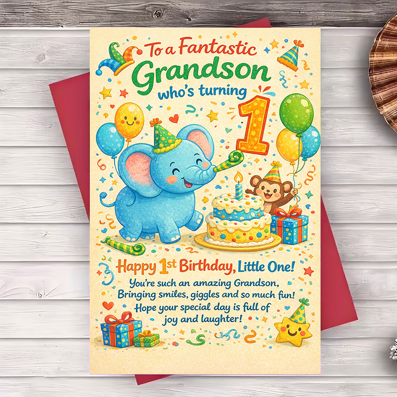 TEMU 2pcs (one Envelope And 1 Greeting Card) Birthday Card For Grandson Turning 1 With Cute Elephant And Party Design Family Celebrations And Special