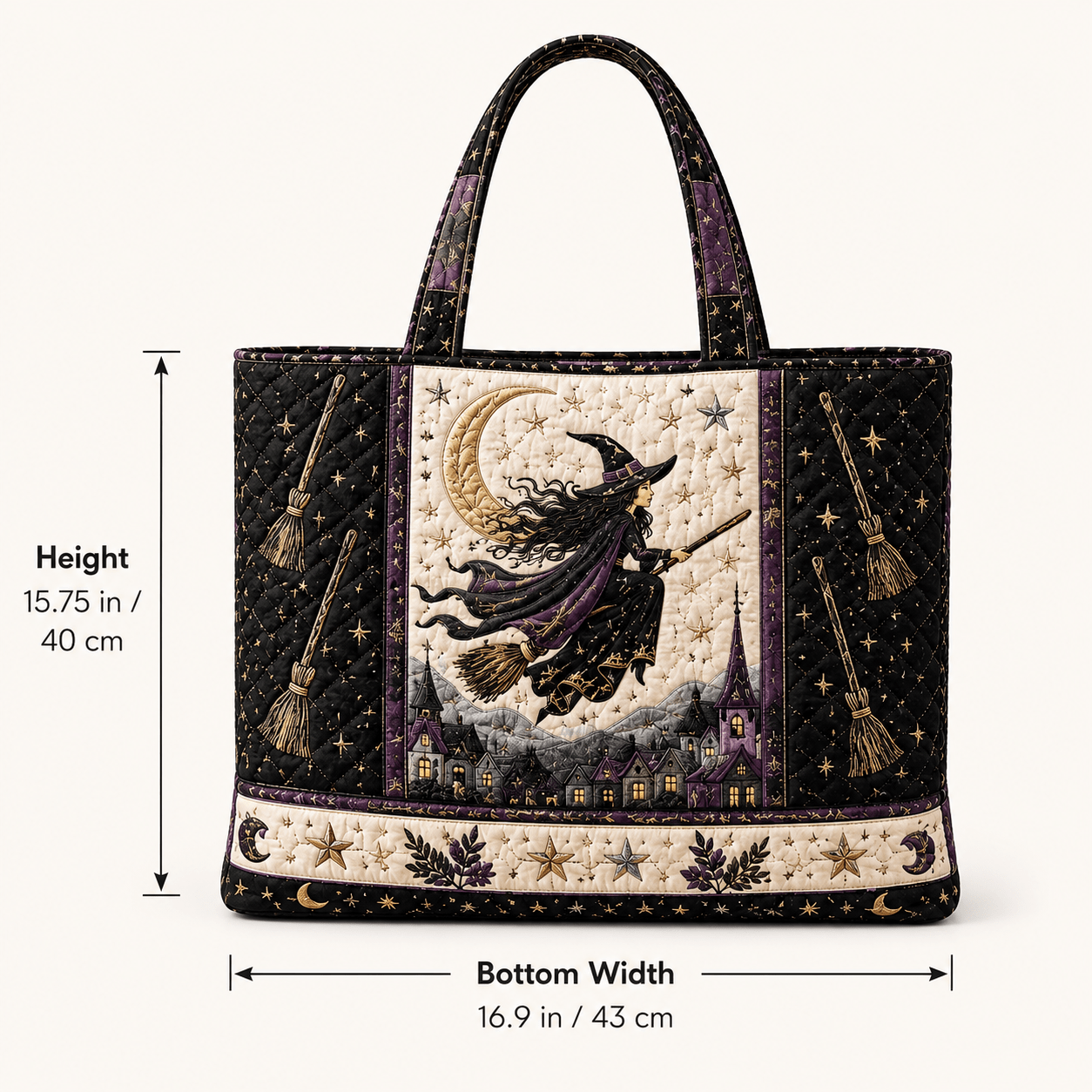 TEMU Women's Halloween Large Capacity Quilted Tote Bag With Flying Witch, Moon Night Village & Gothic Design, Soft Lightweight Handheld Shoulder Bag