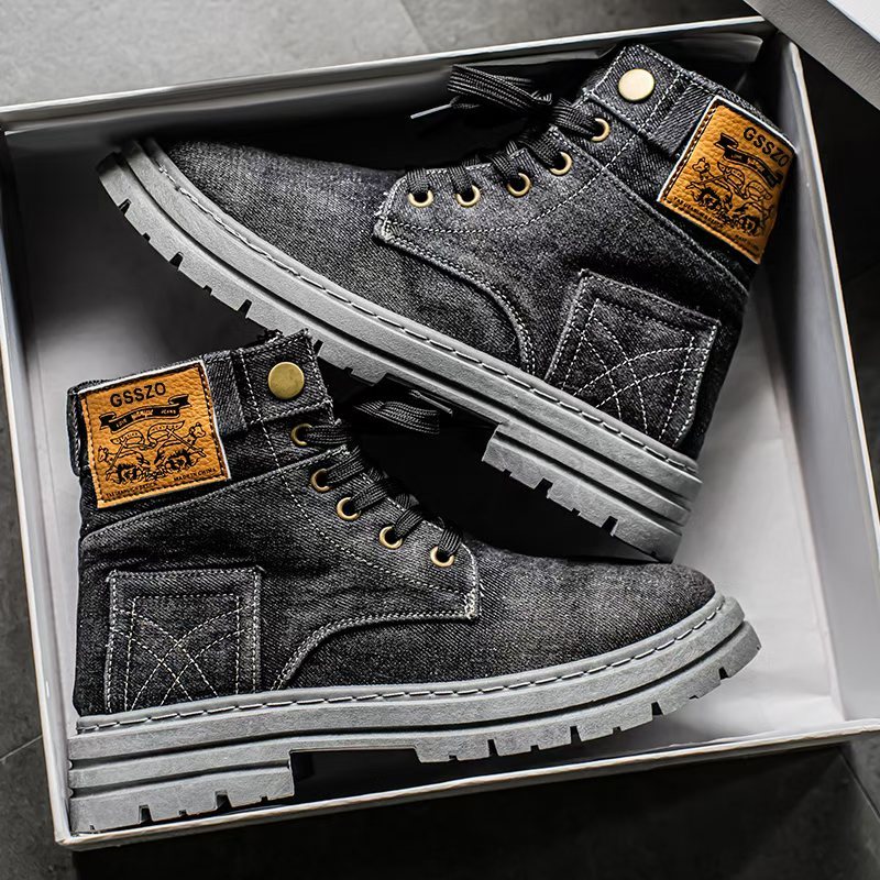 Image of Vintage-inspired High-top Sneakers - Casual Canvas Boots With Lace-up Closure, Round Toe, And Beige Laces, For Outdoor & Daily Wear, Outdoor Footwear | Vintage Sneakers | Durable Footwear