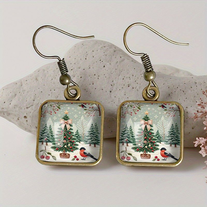 TEMU Un di orecchini pendenti vintage in vetro con uccelli a forma di albero di Natale , gioielli a , regalo, senza batteria