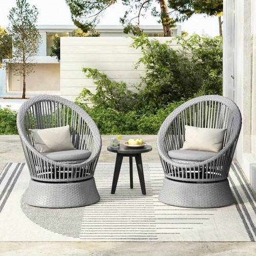 set of 2 26 7 modern swivel lounge chairs silvery grey pe rattan round design ideal for living room patio balcony relaxation