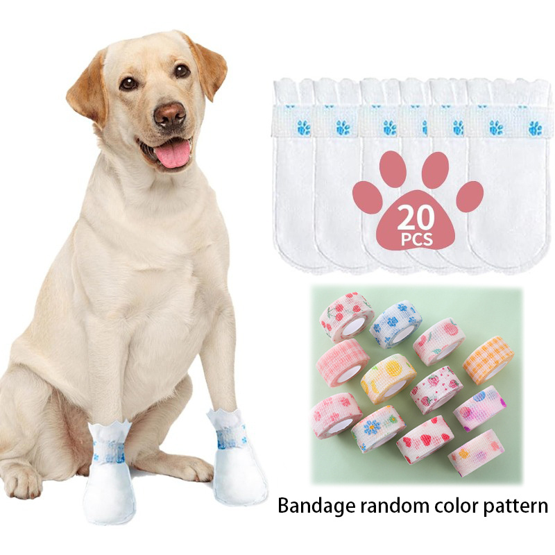 Disposable Dog Boot Covers, 20-Pack Self-Adhesive Adjustable Straps
