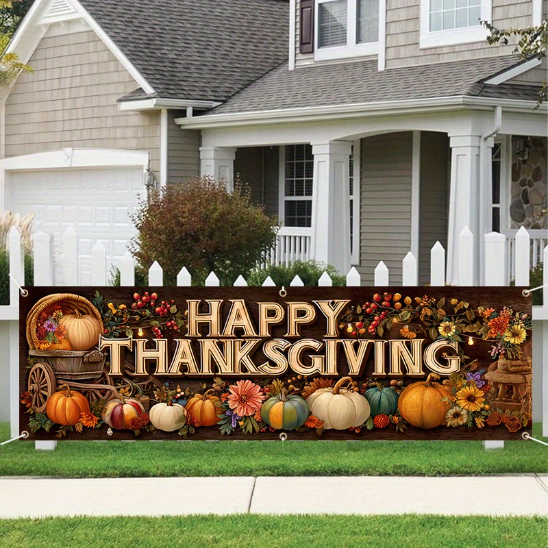 TEMU 2d Flat, 2d Flat 1pc Banner, 1pc Happy Thanksgiving Outdoor Party Banner Flag - Decoration With Festive Pumpkin, Turkey, And , Perfect For Home