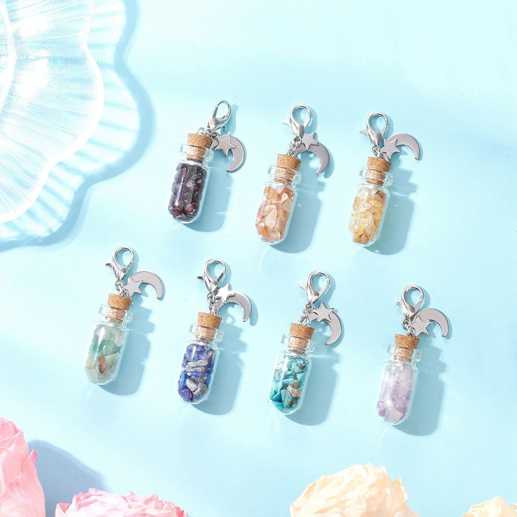 TEMU 7pcs/set Mixed Stone Chips Inside Glass Wishing Bottle Pendant Decoration, With Star Charms, 53mm