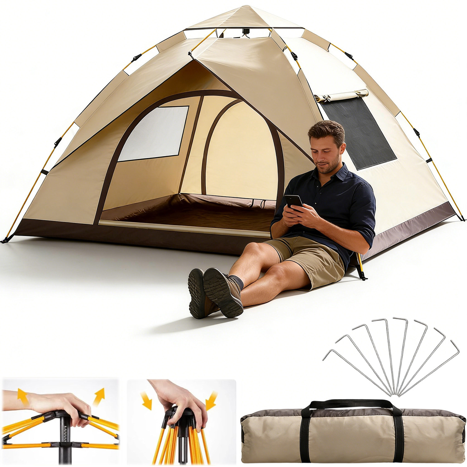 Image of Pop-up Shelter Tent, Brown Double Layer Design, Portable Outdoor Gear For Camping, Travel And Wilderness Leisure