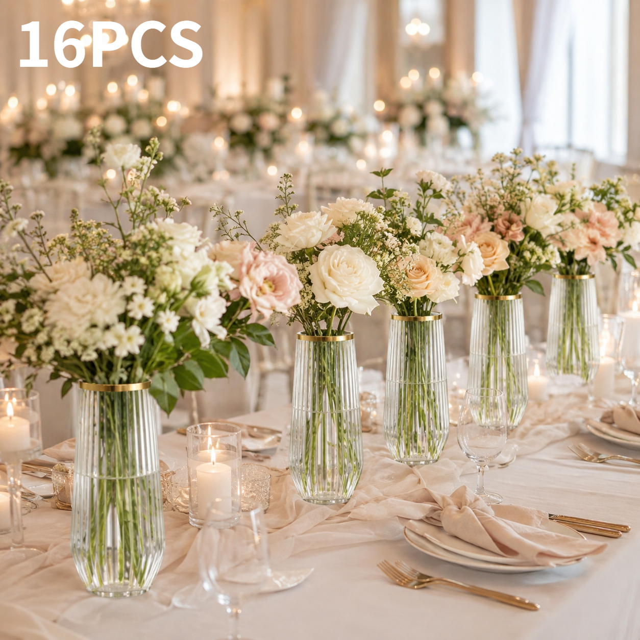 TEMU 16pcs Set Of Transparent Vases, Home Decor Vases, Suitable For Party Tabletop Decorations, Wedding Decorations, Birthday Decorations, Romantic