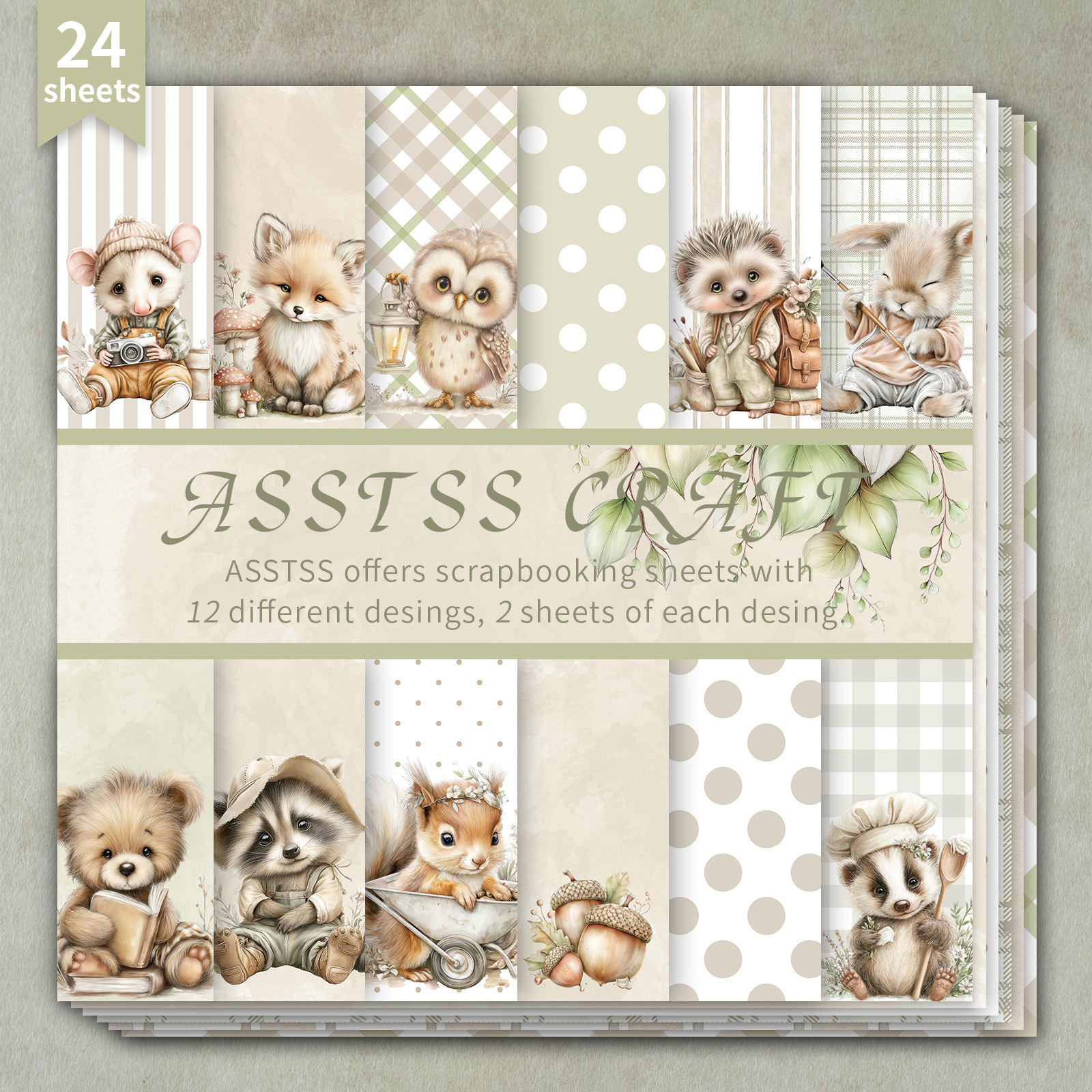 TEMU Bloc de papier de scrapbooking ASSTSS 24 feuilles Animaux de des bois pour bébé - Papier cartonné épais adapté au journaling, à du collage, aux
