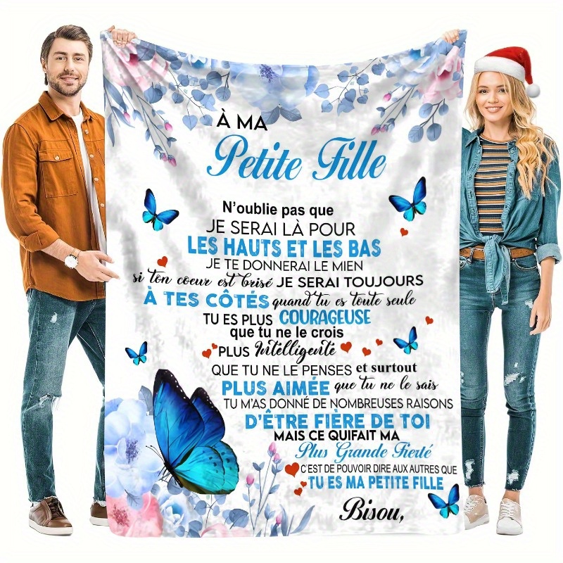 TEMU 1pc Couverture Française avec "Maman Petite Fille" & Phrases en Français - Couvre-lit Pastel Bleu/Rose à Floraux et Papillons, Flanelle Douce et