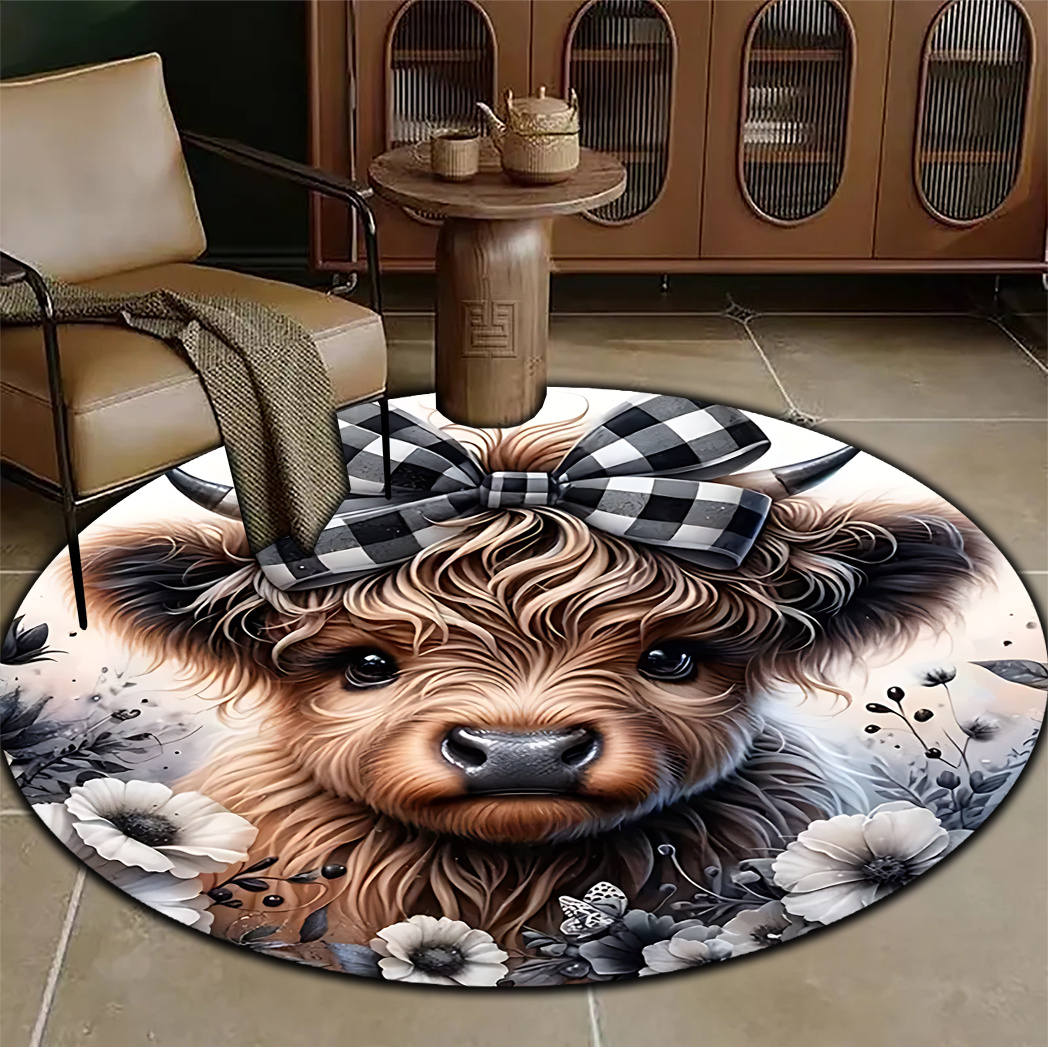 1pc highland cows and flowers patterned area rugs round and easy to clean large area rugs for   bedroom living room kitchen balcony dining area hallway office home decor outdoor rugs 0