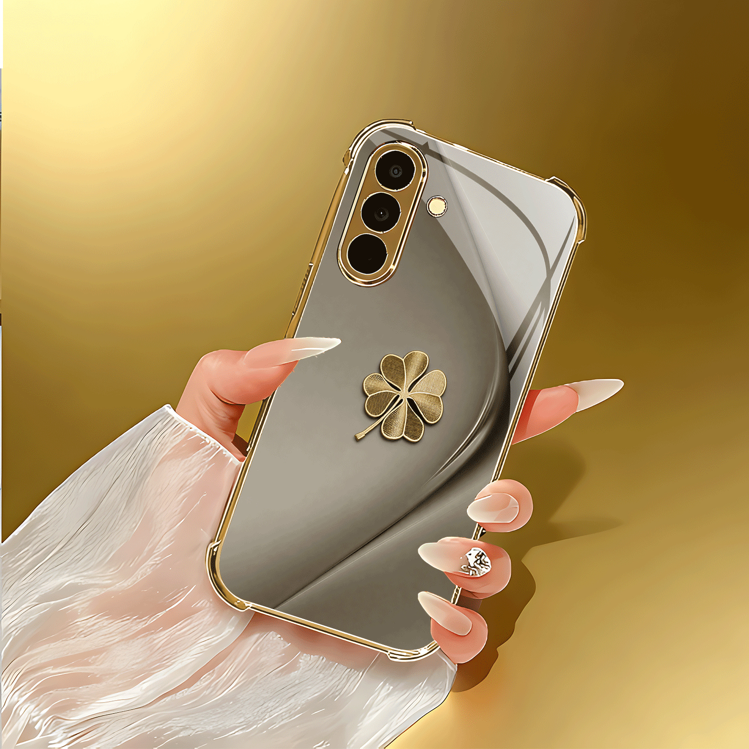 TEMU Phone Case: -leaf Clover Emblem On A Curved Background, Golden-plated Four-corner Glass Phone Case. Suitable For Galaxy S21/22/23/24/25 Plus,