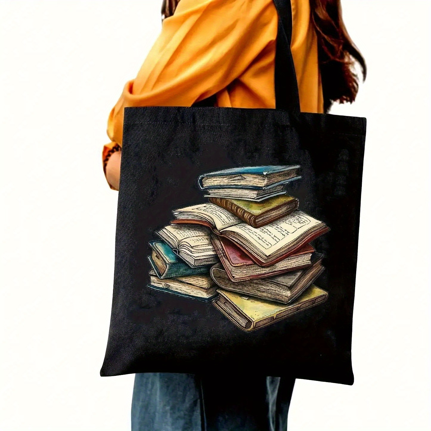TEMU 1pz Borsa Tote Capiente con Stampa Libri Vivaci - Design Vintage per dei Libri, Resistente e Lavabile, Regalo a Tema per Halloween, Shopping o