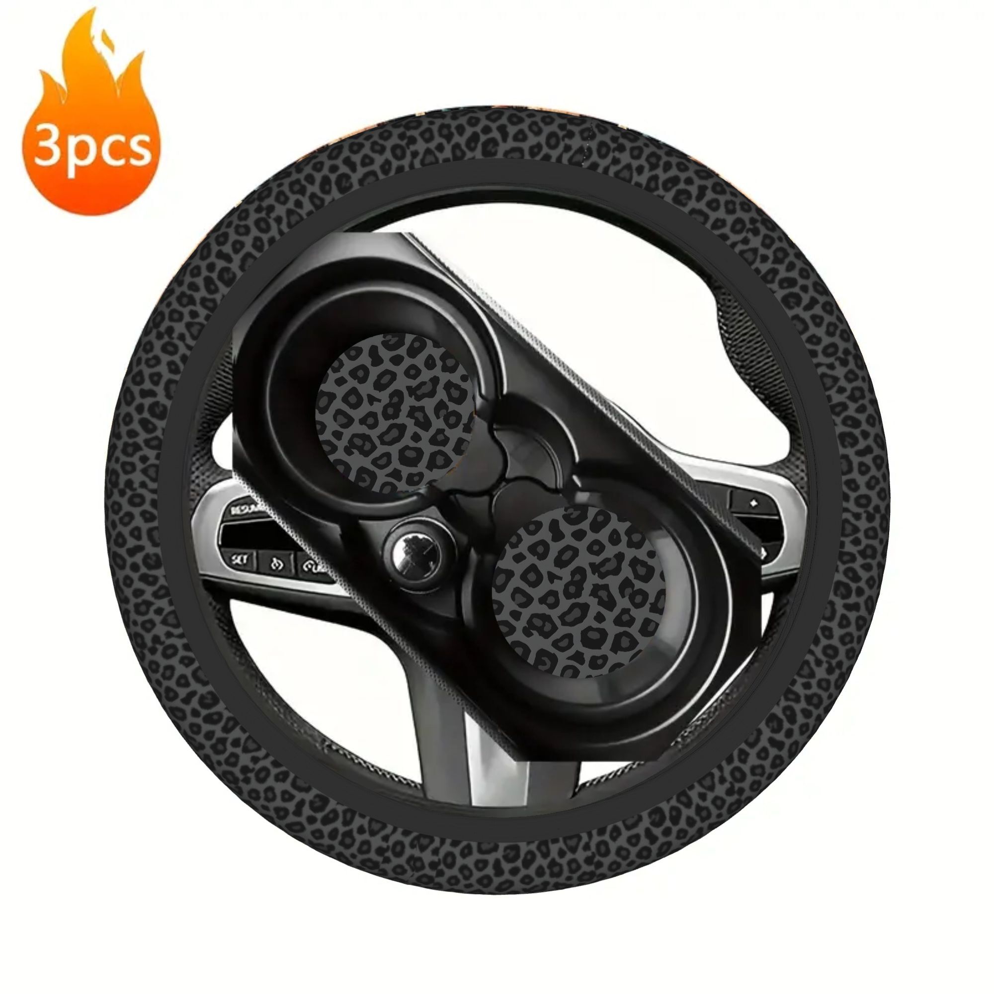 TEMU 3pcs Stylish Black And Gray Leopard Print Pattern For Decor Ideas Car Interior Additions Set - Steering Wheel Covers, Cup Holders & Cup Mats For