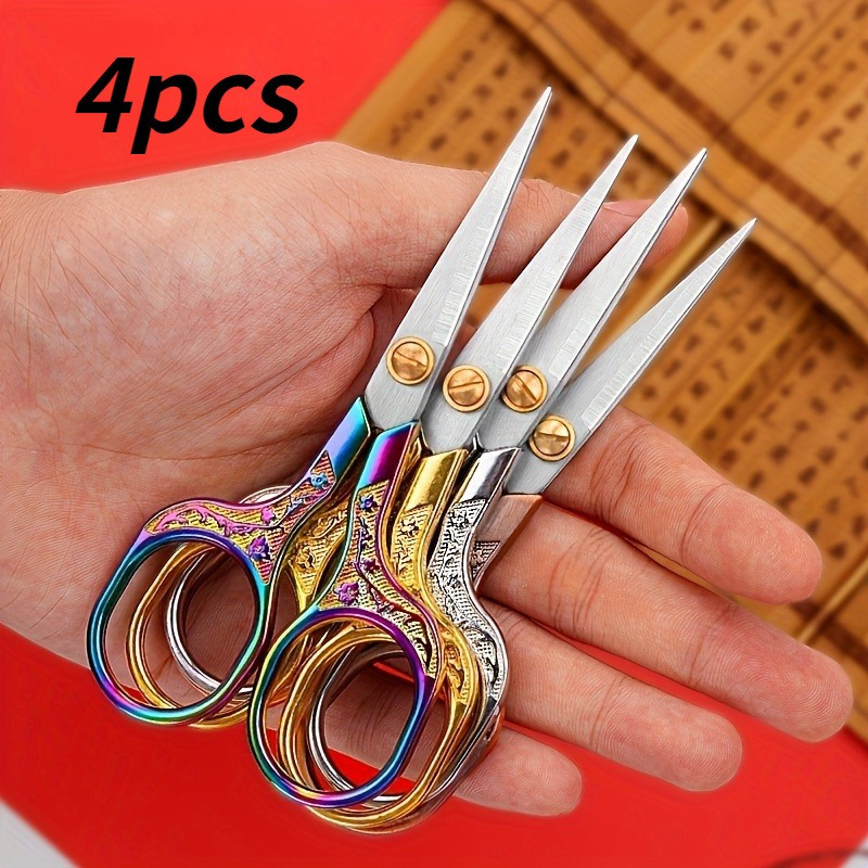 item picture 4pcs vintage stainless steel embroidery and sewing scissors     fabric and thread scissors with intricate handles   tailoring and knitting   14 and up