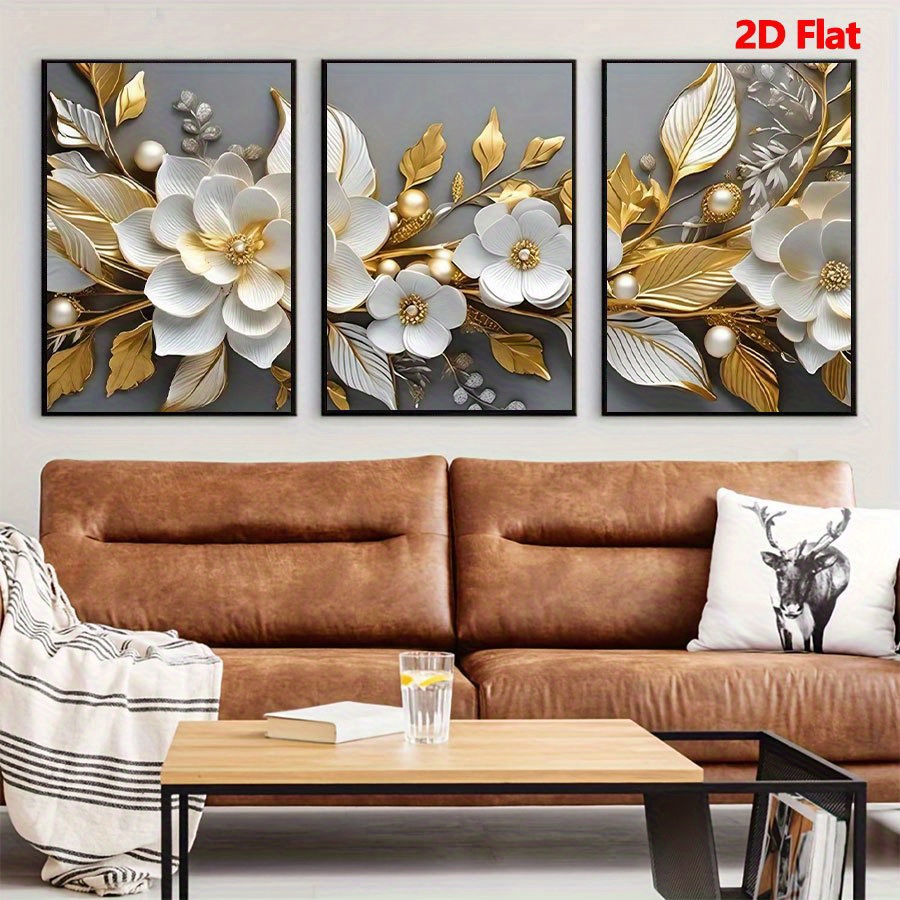 E-shop 2D-Flach, 2D-Flach 3-tlg. Modernes Goldfolien-Blumen-Kunstposter-Hintergrund-Wand-Leinwand-Dekorationsgemälde, geeignet für Erwachsene,