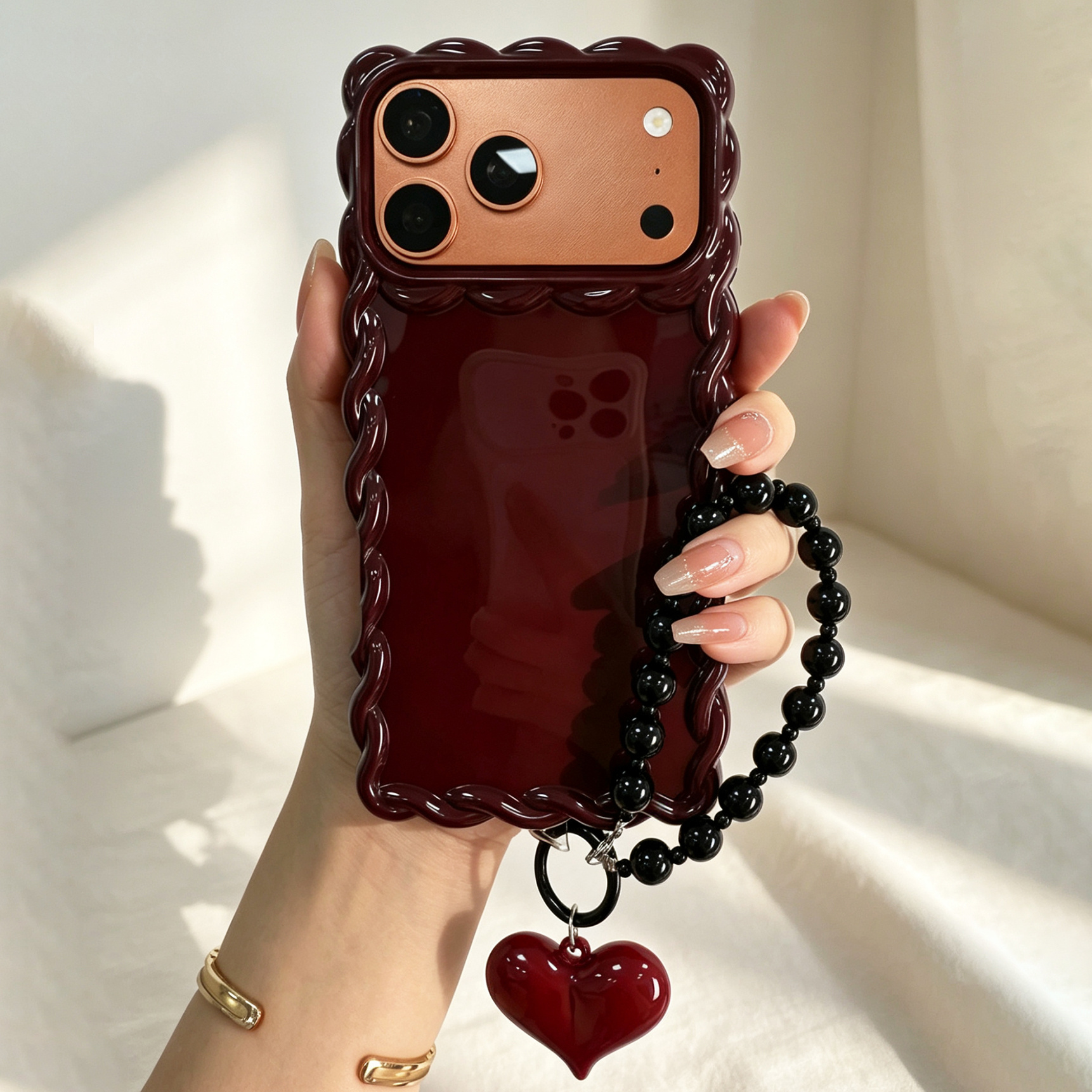 TEMU Phone Case: Solid Wine Red Wavy Large-hole Phone Case Cover   Beaded Heart Lanyard, Suitable For 11/12/13/14/15/16/17/17 Pro/17 Pro Max