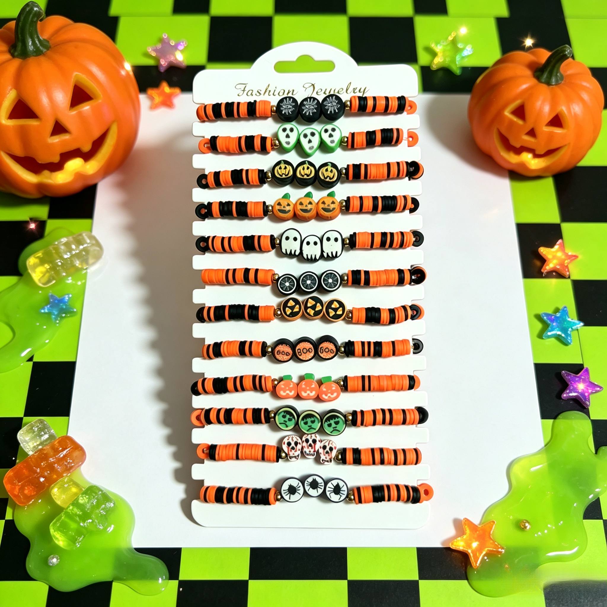 12pcs Vintage Halloween Soft Clay Bracelet Set, Fun Gift
