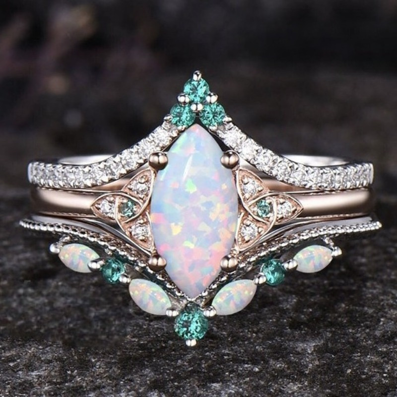 

Luxury 3pcs Women's Ring Set, Fashionable Marquise Cut Opal Engagement & Wedding Band, Synthetic Gemstone Alloy, Jewelry Gift