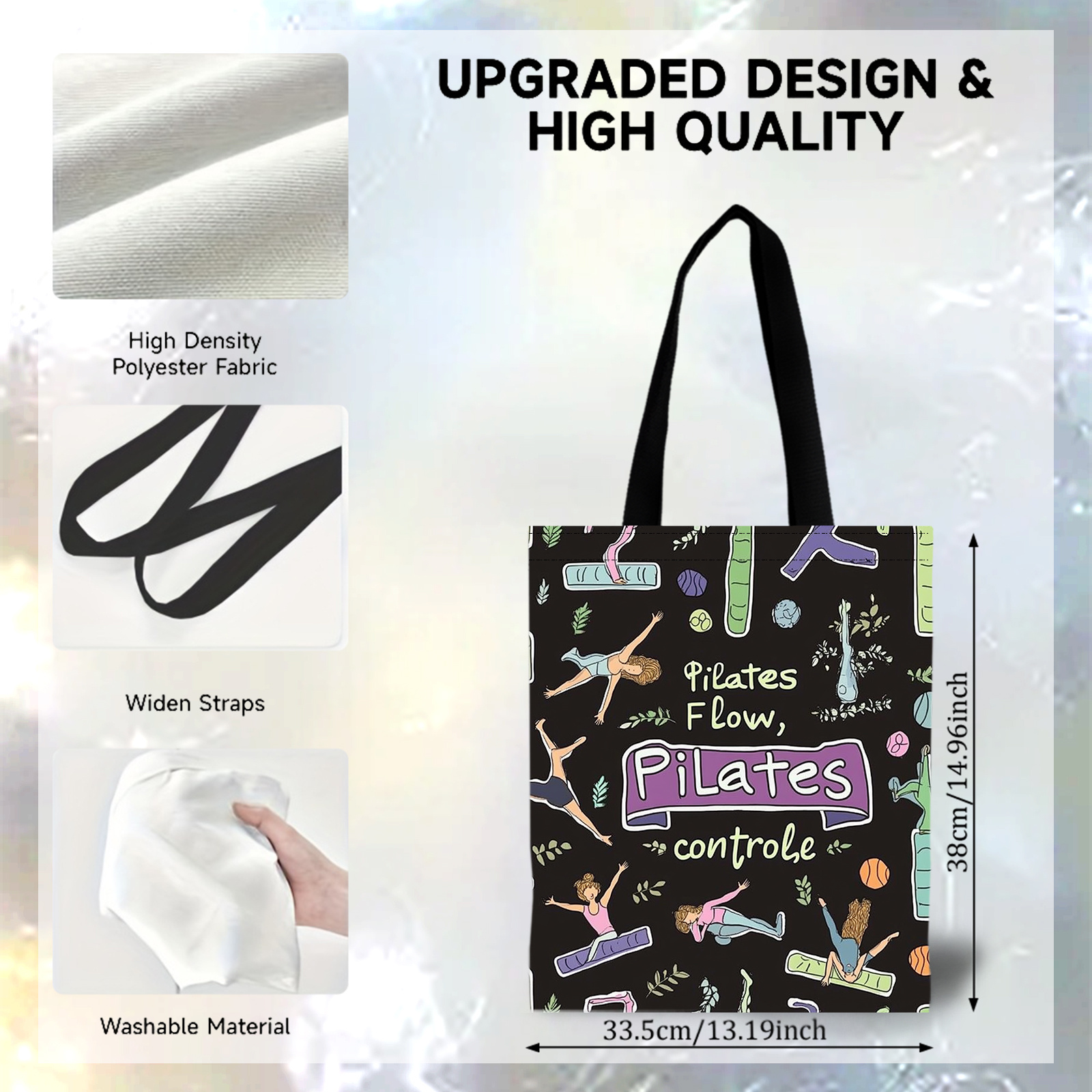 TEMU 1pc Bolsa de de Yoga Negra Silenciosa para Pilates Premium - Ilustración de Dibujos Animados Coloridos, Diseño "Control del Flujo en Pilates",