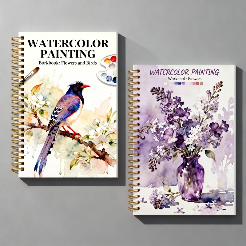 TEMU 2pcs Flower & Bird Watercolor Painting Book Set, Watercolor Practice Notebook For Adult Beginners, Colored Book, Spiral Binding, Includes