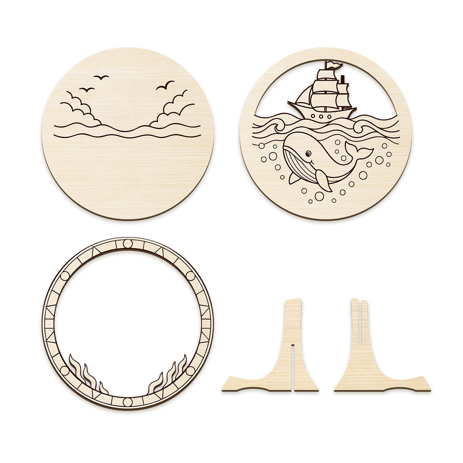 TEMU 1 Set Wooden Art Set, 3-tier 2d Flat Circular Wooden Ornaments, Dolphin And , Unpainted Paintable Craft Kit, For Wall Hanging And Handmade Gifts