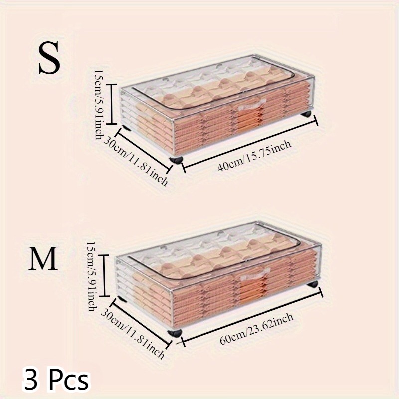 Set of 3 Transparent Under Bed Storage Boxes with Wheels