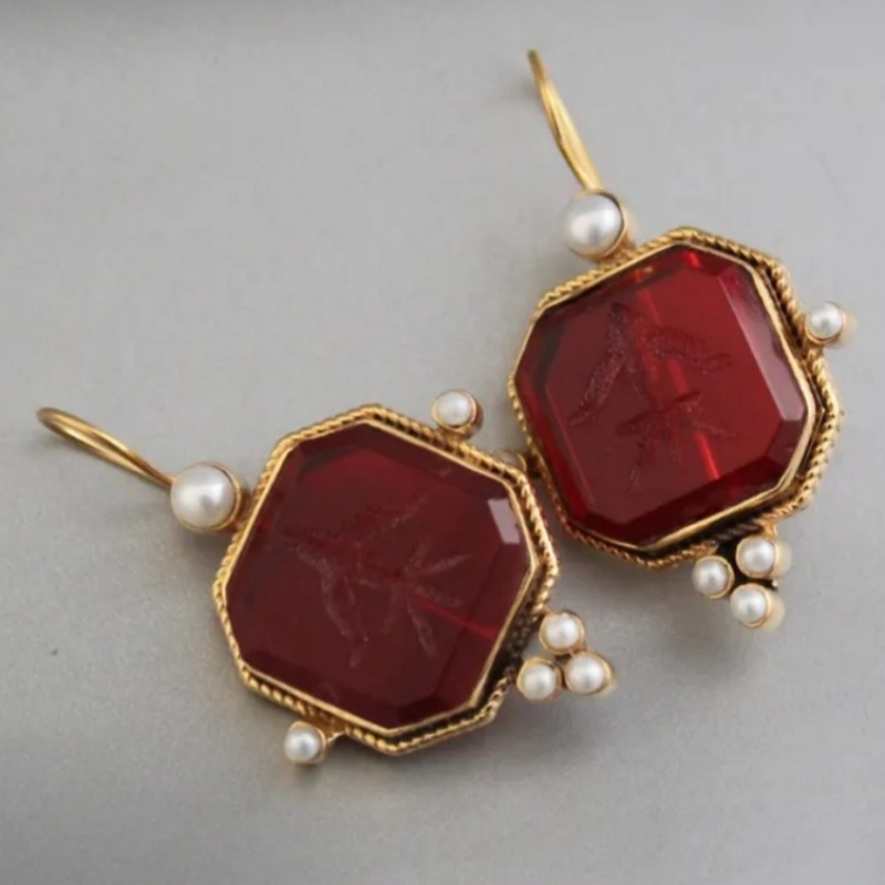 

Elegant Red & Golden Intaglio Earrings - Vintage Style, Or Gifting, Best For Christmas