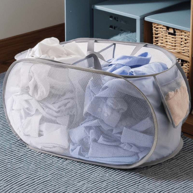 

1pc Mesh Laundry Bag With Handles - Portable & Foldable 2-compartment Basket For Adults & - Easy-clean, Sturdy Clothes Organizer For All Room Types, Laundry Baskets