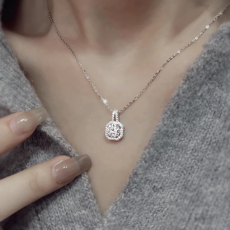 Image of 925 Silver 14k Gold Plated 1 Carat 2 Carat Moissanite Princess Square Pendant Necklace Collar Chain For Men And Women, Suitable For Date Party Christmas Thanksgiving Halloween Valentine's To