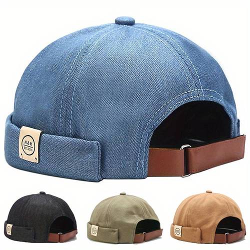 retro beanie adjustable brimless hat with leather strap lightweight acrylic casual outdoor for men women