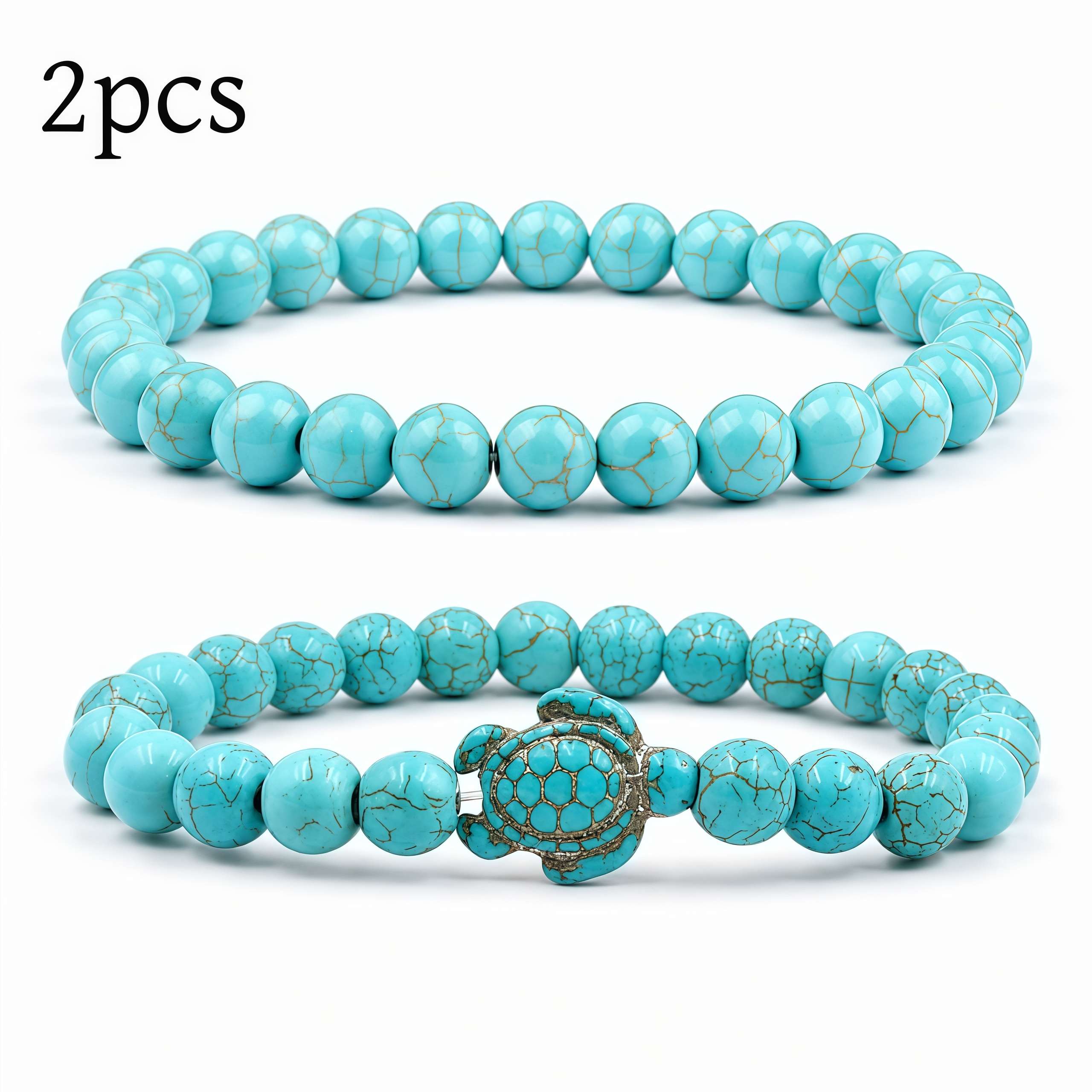 TEMU 2pcs .zt Turquoise & Turtle Bracelet Set - Bohemian Retro Suitable For - Daily Wear, Beach Gift For, December Birthstone, Bracelets For Summer