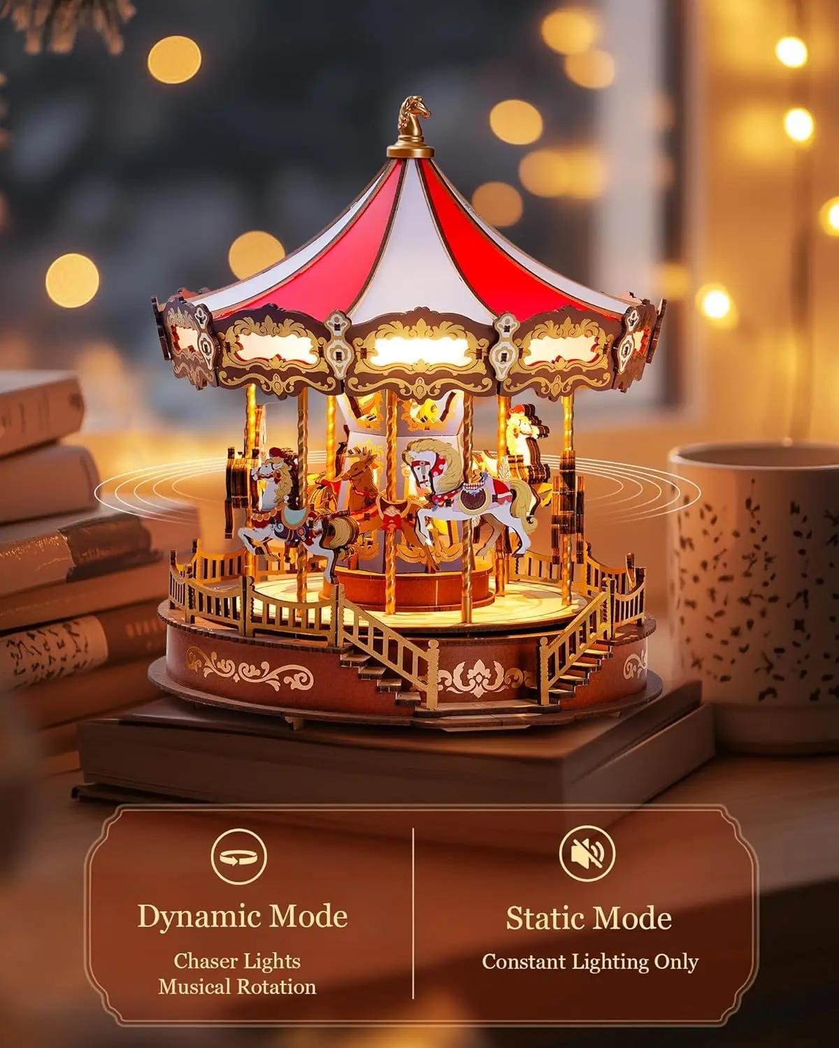 Klassieke Carrousel Muziekdoos, 3D Houten Puzzel met Verlichting, Eenvoudig in Elkaar te Zetten, Beweegbaar Ontwerp, Ideaal Kerstcadeau voor Volwassenen - AMC01