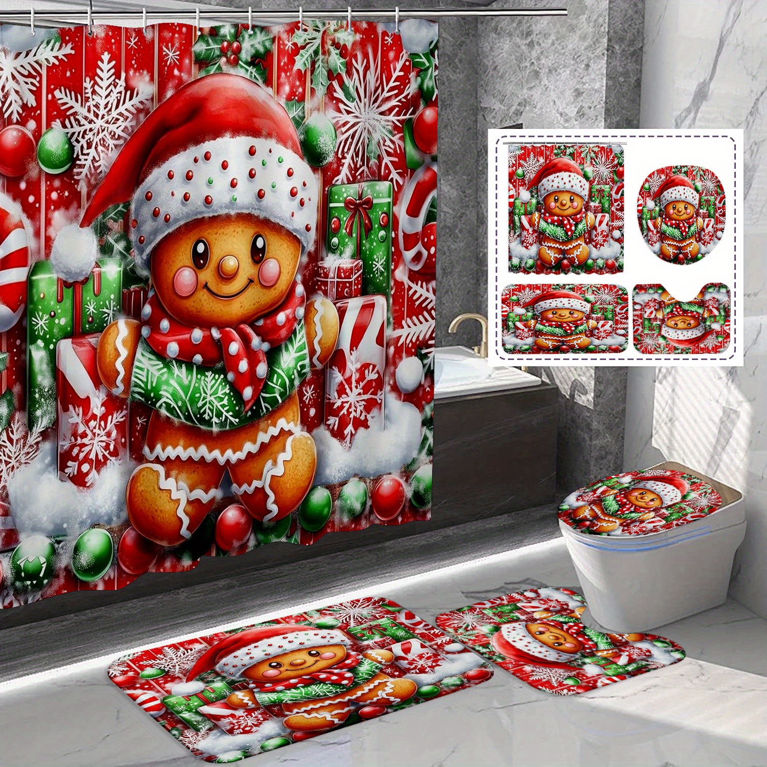 

Christmas Gingerbread For Man Shower Curtain Set, Anti-slip Bath Mat Carpet, Unique Shape Mat Toilet Cover, Waterproof Shower Curtain, 71x71 Inches, With 12 Hooks, Bathroom Home Decoration