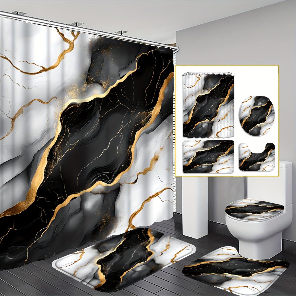 TEMU 4pcs Marble Art Shower Curtain Set,, Black White Golden Texture Design, Includes Bath Mat, U-shaped Mat, Toilet Lid Cover& 12 Hooks, 70.87x70.87